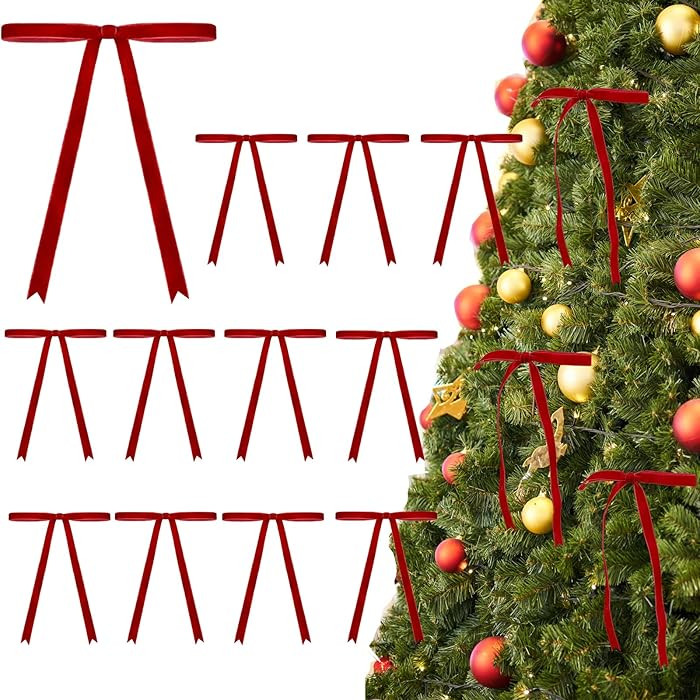 12 Pcs Velvet Ribbon Bows for Christmas Tree Rustic Crafts Gift Bow Classic Ribbon Bows for Xmas ... | Amazon (US)