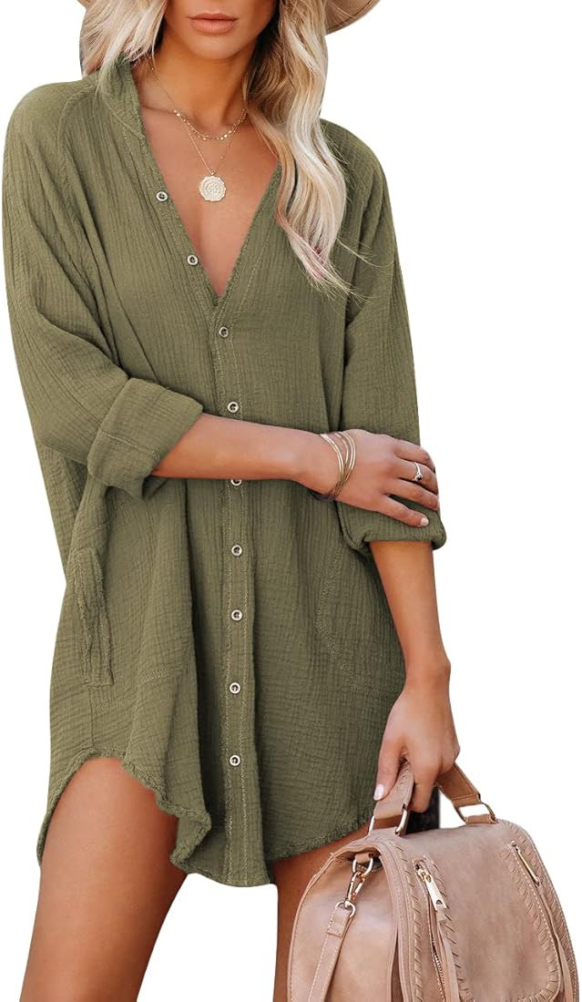 Paintcolors Women's Long Sleeve Cotton Button Down Tunic Dresses Beach Cover-ups Oversized Blouse... | Amazon (US)
