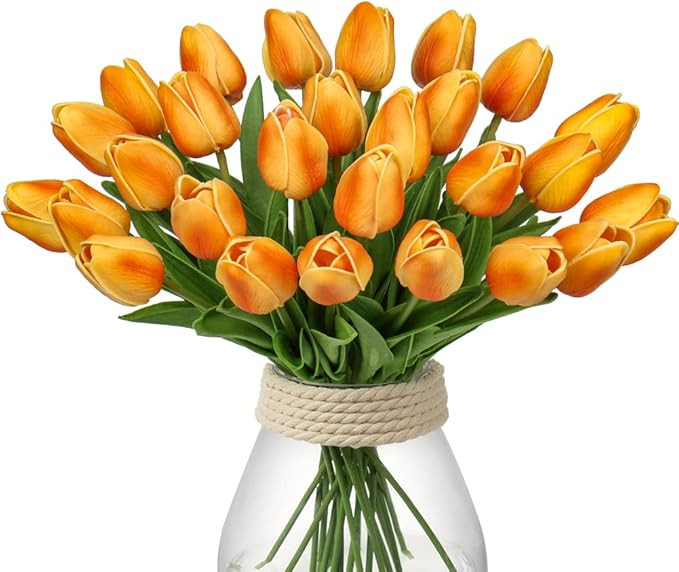 24 Pcs Orange Tulips Artificial Flowers Real Touch Fake Tulips Fake Flowers for Decoration 13.5" ... | Amazon (US)