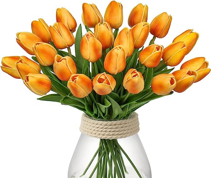 24 Pcs Orange Tulips Artificial Flowers Real Touch Fake Tulips Fake Flowers for Decoration 13.5" ... | Amazon (US)