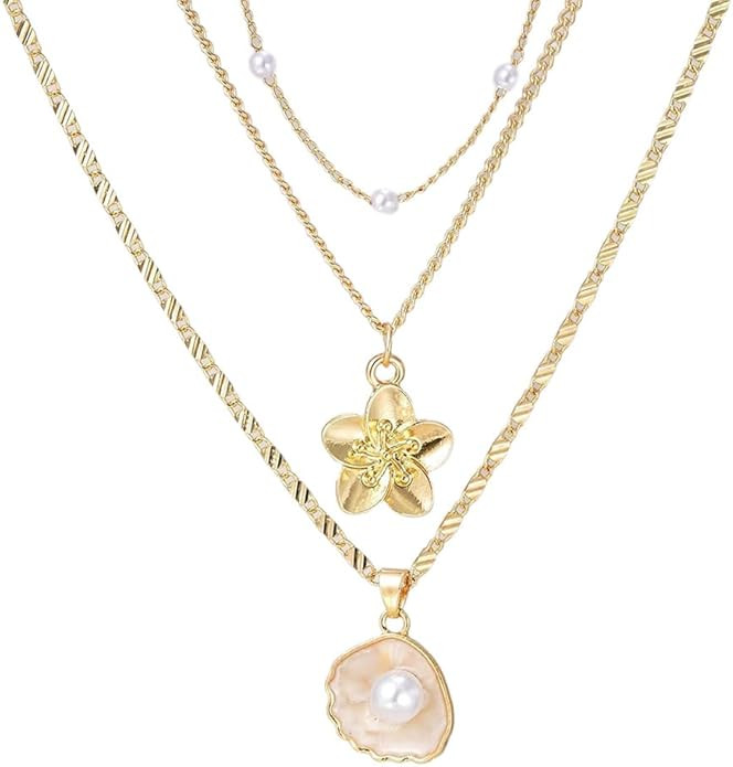 Cute Seashell Necklace, Golden Beach Jewelry for Women, Beach Accessories with Pearl, Layered Sum... | Amazon (US)