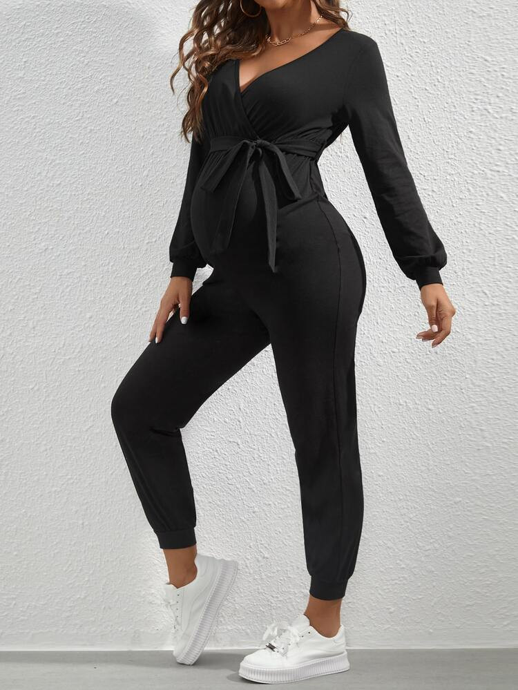 SHEIN Maternity Surplice Neck Lantern Sleeve Belted Jumpsuit | SHEIN