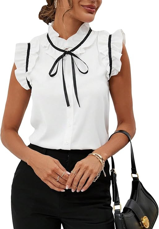 Women's Work Office Blouse Elegant Bow Tie Neck Ruffle Trim Vintage Blouse Business Casual Shirt ... | Amazon (US)
