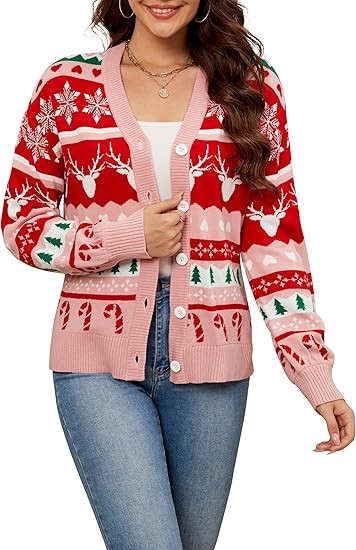 LUBOT 2024 Ugly Christmas Sweater for Women Christmas Cardigans Long Sleeve V Neck/Crewneck Xmas ... | Amazon (US)