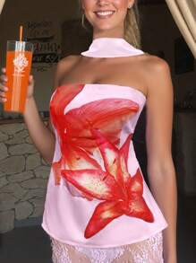 INAWLY Women's Choker Neck Floral Print Romantic Tube Top, Suitable For Vacation | SHEIN