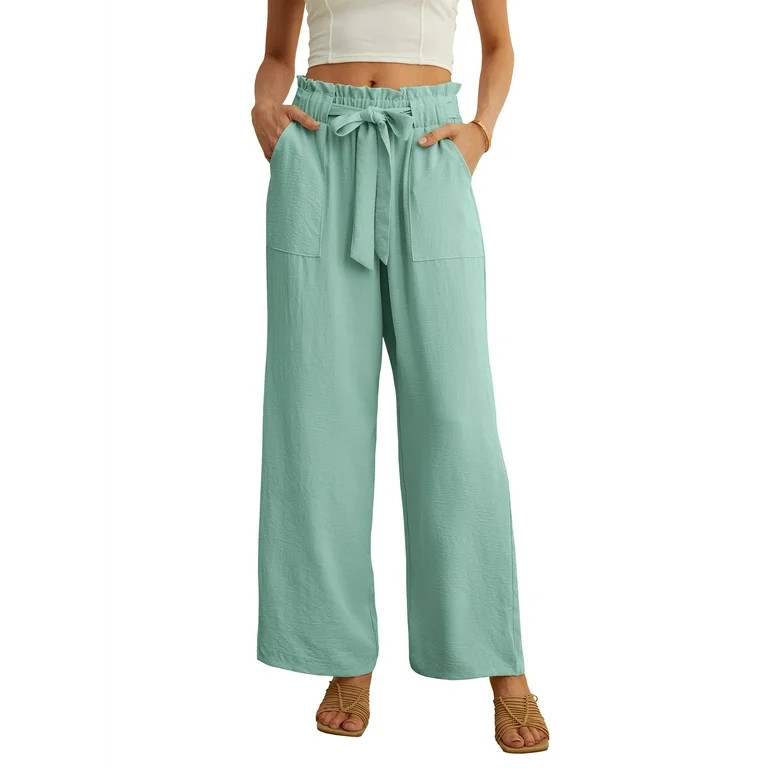 JWD Women's Wide Leg Pants With Pockets High Waist Adjustable Knot Loose Casual Trousers Business... | Walmart (US)