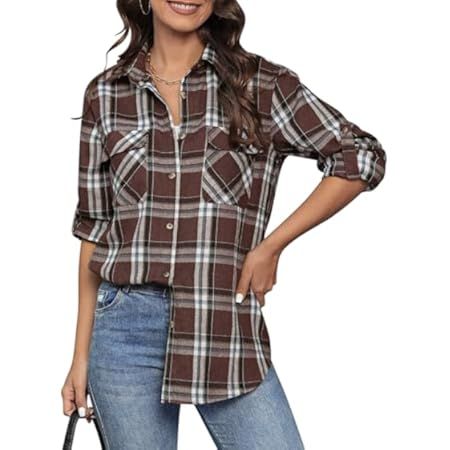 CHYRII Womens Button Down Flannel Shirts Long Sleeve Plaid Shackets Business Casual Blouse Top | Amazon (US)