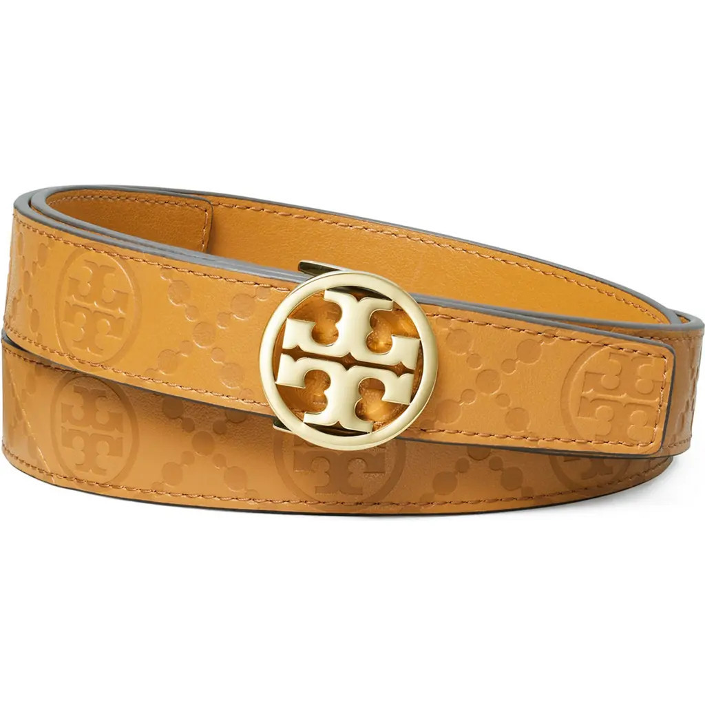 Tory Burch Miller Debossed T Monogram Leather Belt in Tan/Gold at Nordstrom, Size Medium | Nordstrom