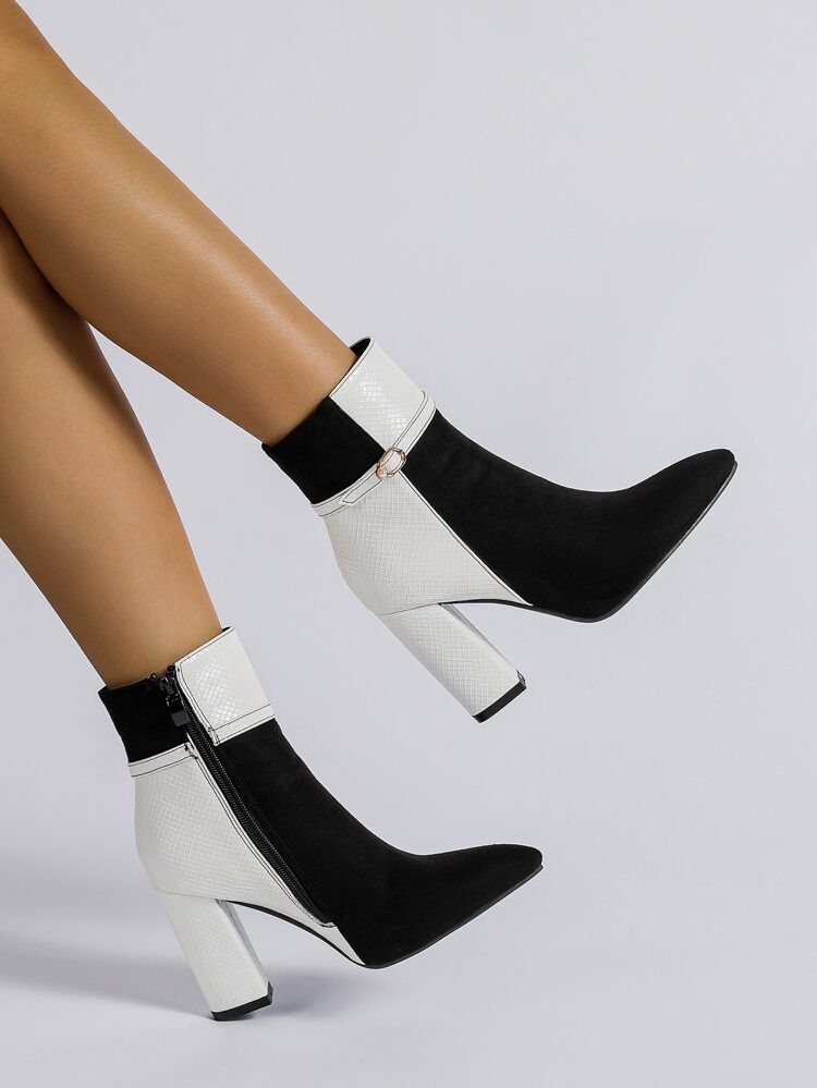 Geometric Embossed Two Tone Point Toe Chunky Heeled Classic Boots | SHEIN