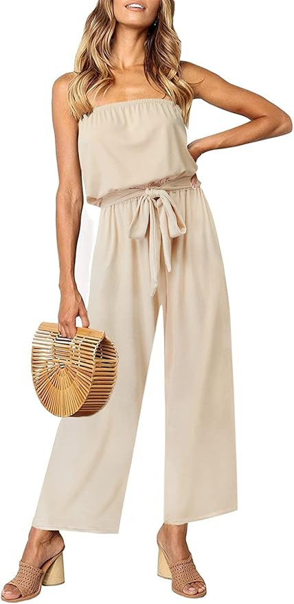 ZESICA Women's Casual Off Shoulder Solid Color Strapless Belted Wide Leg Jumpsuit Romper | Amazon (US)