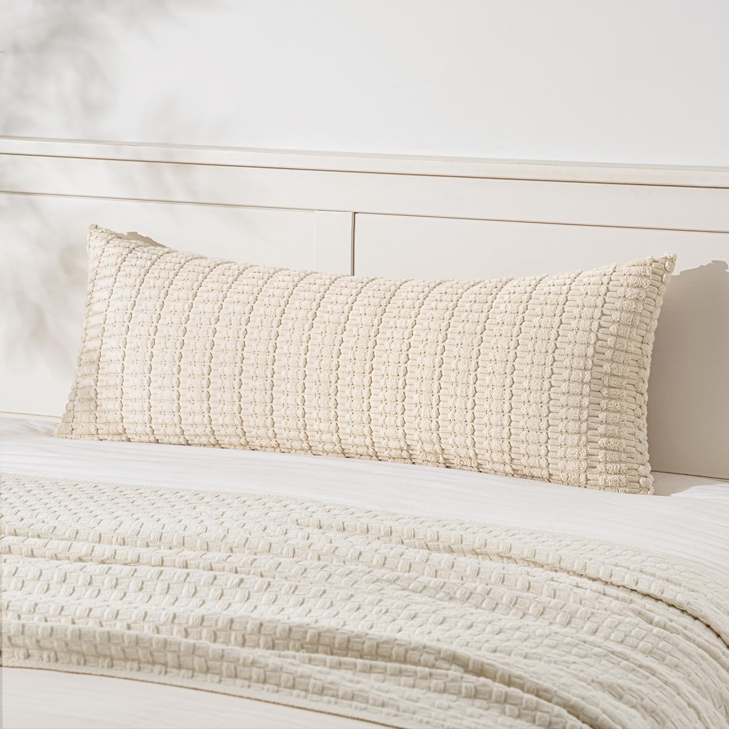 MIULEE Lumbar Corduroy Throw Pillow Cover for Bed 14x36 Cream White | Amazon (US)