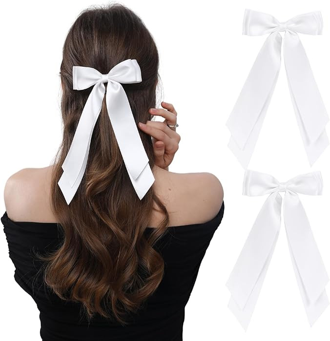 LuSeren 2 PCS Double Layer Hair Bows White Hair Ribbon Clips Ponytail Holder Accessories for Wome... | Amazon (US)