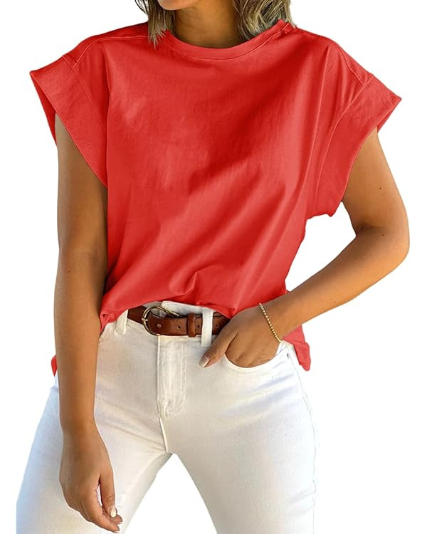 Tankaneo Womens Summer Cap Sleeve Tank Top Crew Neck Solid Casual Loose Fit Basic Tee Shirt | Amazon (US)