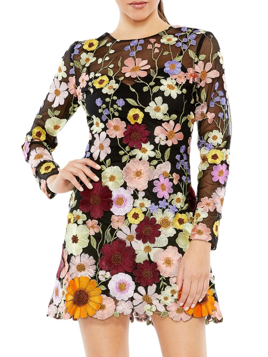 Mac Duggal Long-Sleeve Embroidered Floral Minidress | Saks Fifth Avenue