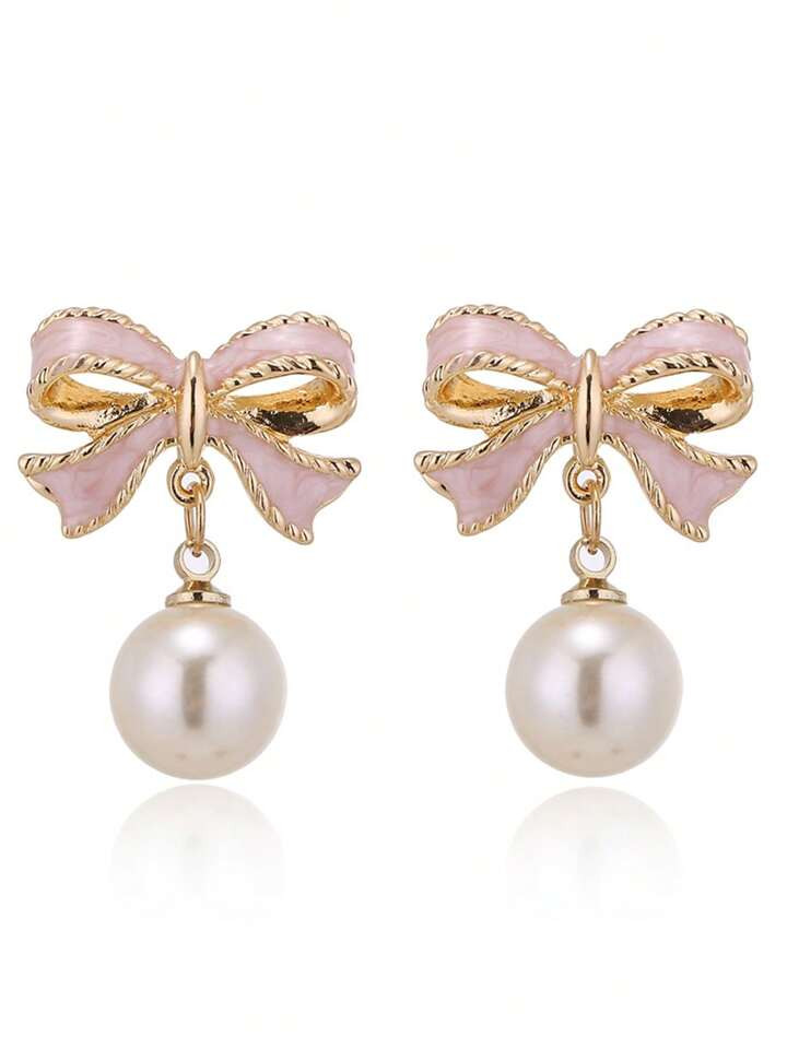 1 Pair Girls Pink Bow And Faux Pearl Earrings | SHEIN
