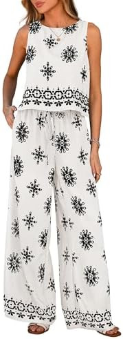PRETTYGARDEN Women's 2026 Summer 2 Piece Lounge Sets Boho Floral Tank Tops Flowy Wide Leg Pants T... | Amazon (US)