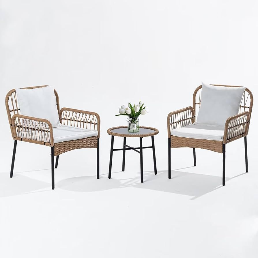 Homsido Patio Furniture Set 3 Pieces Small Boho Outdoor Rattan Woven Chairs Wicker Sofa Garden Co... | Amazon (US)