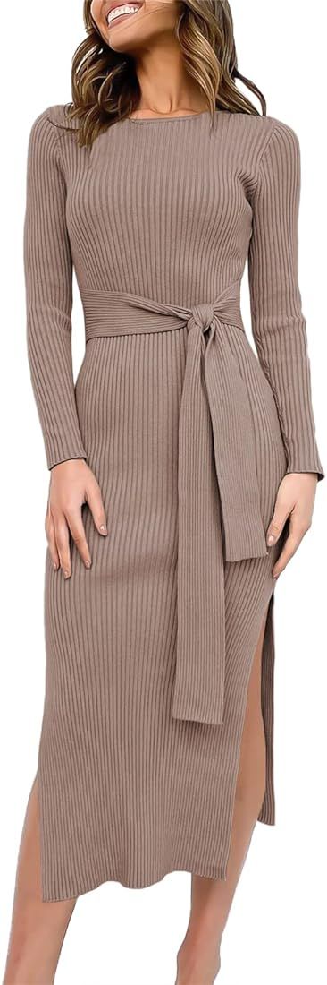 Women's 2023 Fall Elegant Sweater Dress Long Sleeve Crewneck Tie Waist Slim Rib Knit Slit Bodycon... | Amazon (US)