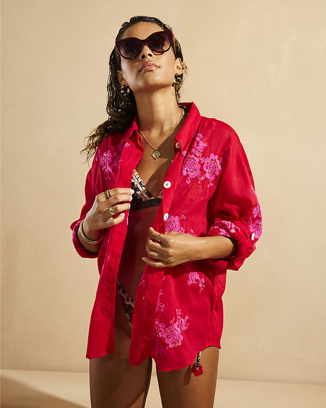 Red Del Maar Floral Embroidered Beach Shirt | River Island UK & IE