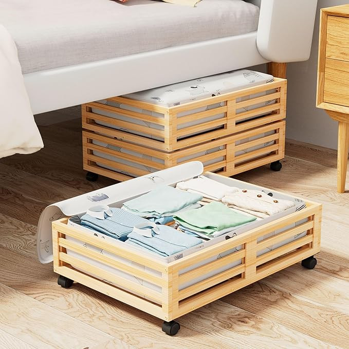 Bamboo Under Bed Storage Containers- Underbed Organizer with Wheels with Large Capacity Dust Bag,... | Amazon (US)