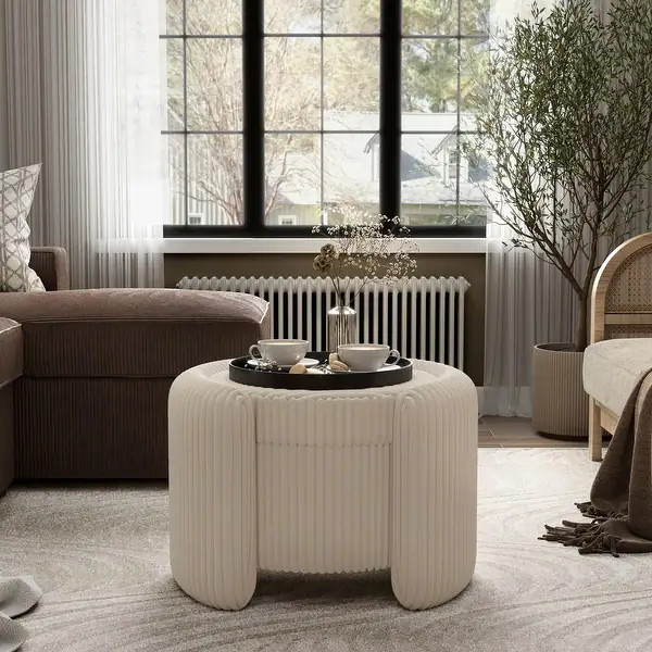 Furniture of America Elyndra 25-inch Round Chenille Storage Ottoman with Flip Top - Bed Bath & Be... | Bed Bath & Beyond