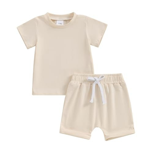 citgeett Toddler Baby Boy Girl Summer Outfits Cotton Short Sleeve Solid T-shirt Top Casual Shorts Neutral Spring Clothes (A Beige, 2-3 Years) | Amazon (US)