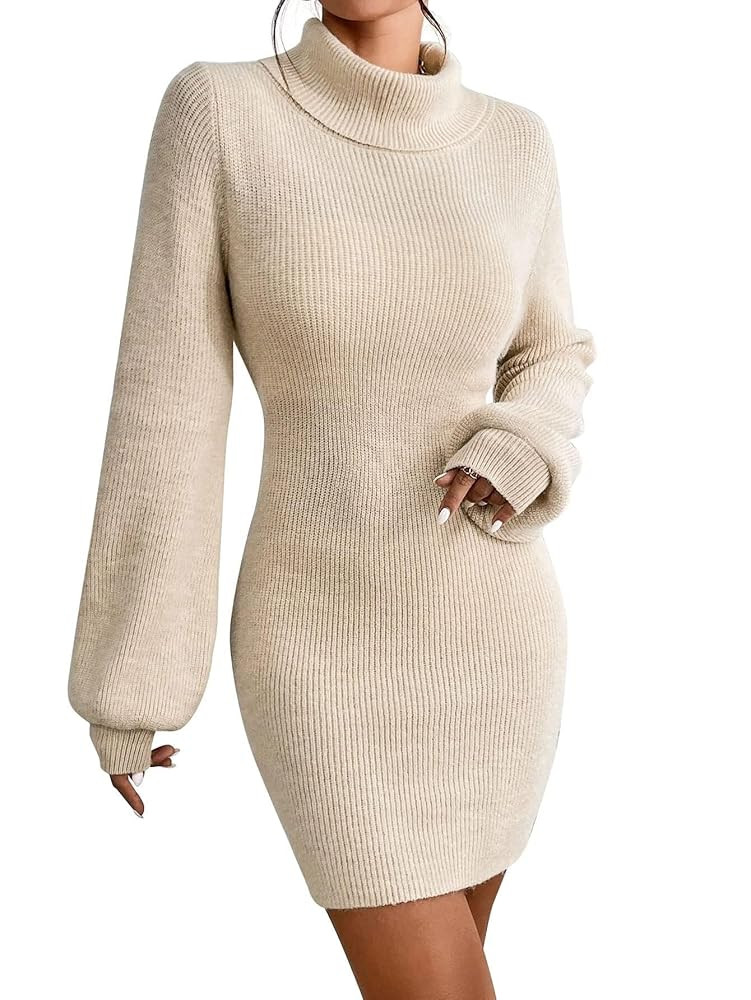 Turtleneck Sweater Dress for Women Lantern Sleeve Bodycon Pullover Mini Sweater Dress Stretchable... | Amazon (US)