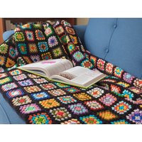 Crochet Granny Square Blanket Retro Couch Throw, Vibrant Colors | Etsy (US)