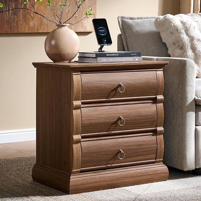 22" Vintage Nightstand with 3 Curved Front Drawers & Retro Ring Pulls & Charging Station, Wood Be... | Amazon (US)