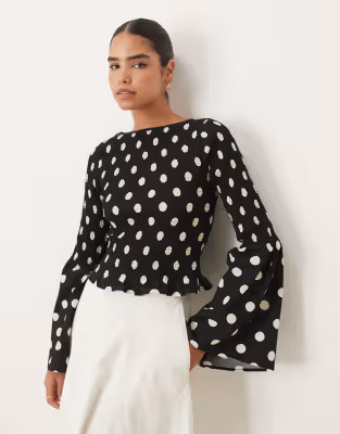 ASOS DESIGN shirred bodice long sleeve in black polka dot | ASOS (Global)