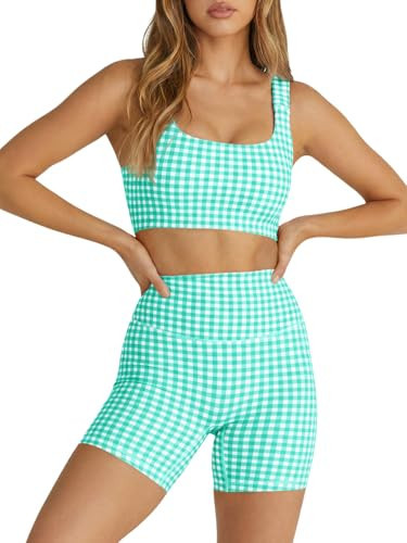 Aoysky Womens Workout Gingham 2 Piece Outfits Padded Open Back Crop Tank High Waist Sports Shorts Sets Yoga Matching Sets | Amazon (US)