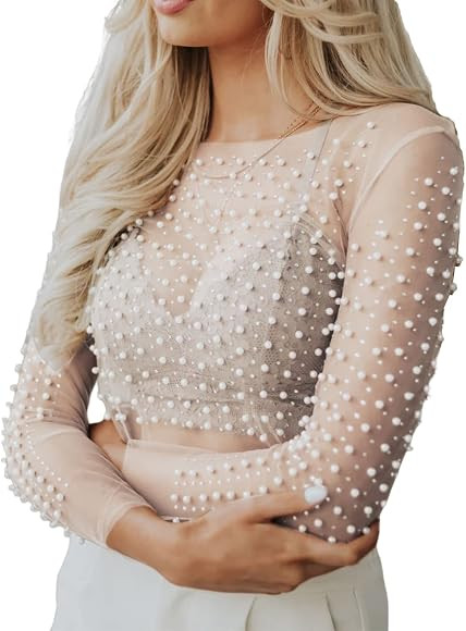 PAODIKUAI Women's Sheer Bodysuit See Through Long Sleeve Mesh Tee Blouse Pearl Rhinestone Crop To... | Amazon (US)