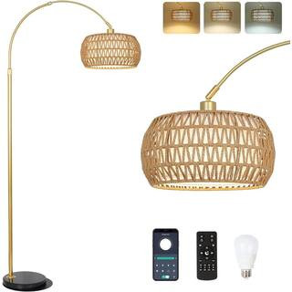 Lasaideal 63 in. Gold Boho Dimmable 1-Light Arc Floor Lamp with Rattan and Fabric Drum Shade, Rem... | The Home Depot