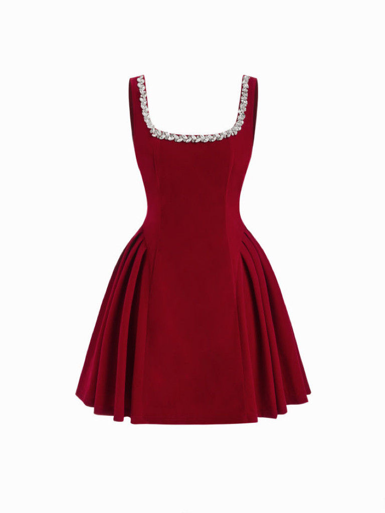 Velvet Velvet Square Neck Rhinestone Detail Pleated Mini Dress For Date Party/Clubbing | Cider