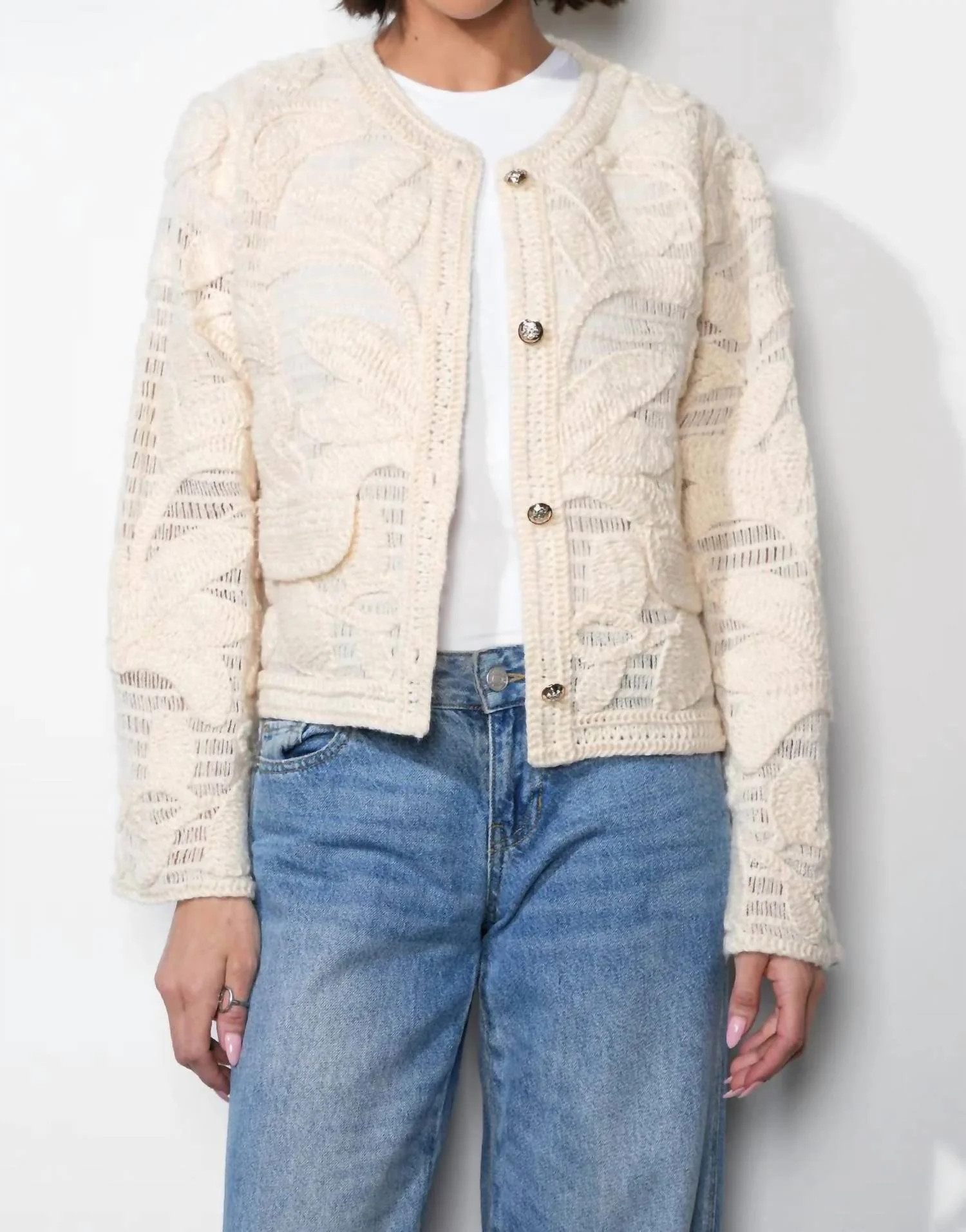Sutton Open Crochet Cardigan In Cream | Shop Simon