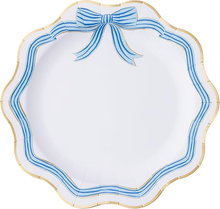 Bonjour Fête Blue & Gold Bow Paper Party Dinner Plates | Premium Paper Party Supplies |Gold Foil... | Amazon (US)