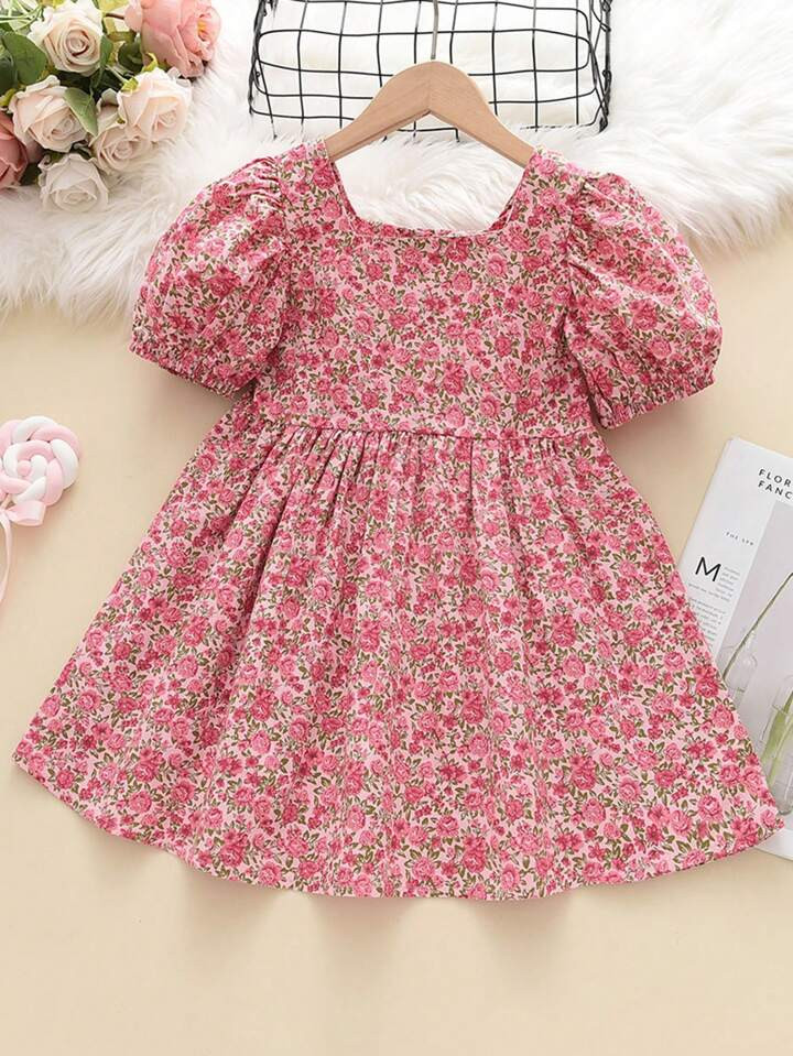 Young Girl's Floral Print Square Neck Short Sleeve Dress, Summer | SHEIN