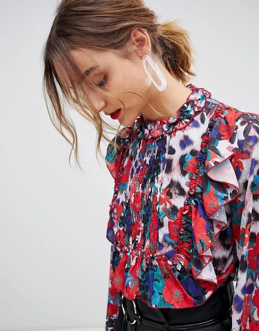 Lost Ink Blouse With Frill Panel In Floral Leopard Mixed Print | ASOS US