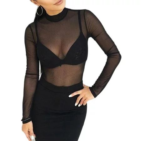 Women Sexy Mesh Sheer T-shirts New Casual Crew Collar Long Sleeves See-through Tops Wear Solid Color | Walmart (US)
