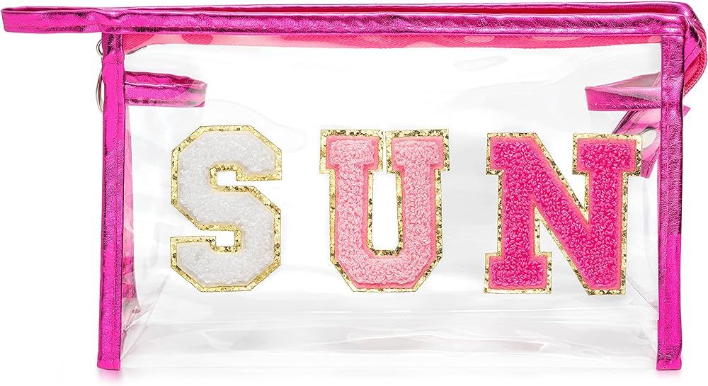 Y1tvei Preppy Patch SUN Varsity Letter Cosmetic Toiletry Bag Transparent PVC Zipper Makeup Bag Cl... | Amazon (US)