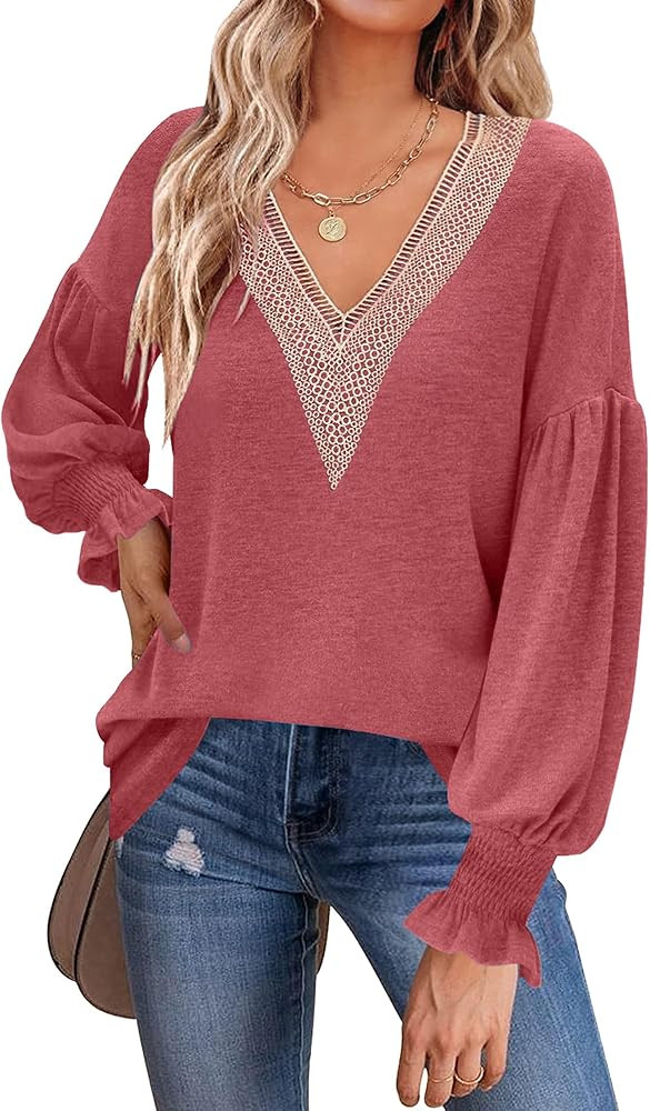 OWIN Women's 2023 Causal Balloon Long Sleeve Shirts Tops Dressy Lace V Neck Smocked Cuffs Loose B... | Amazon (US)