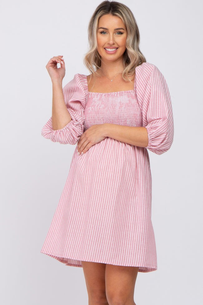 Mauve Striped Smocked Puff Sleeve Maternity Dress | PinkBlush Maternity