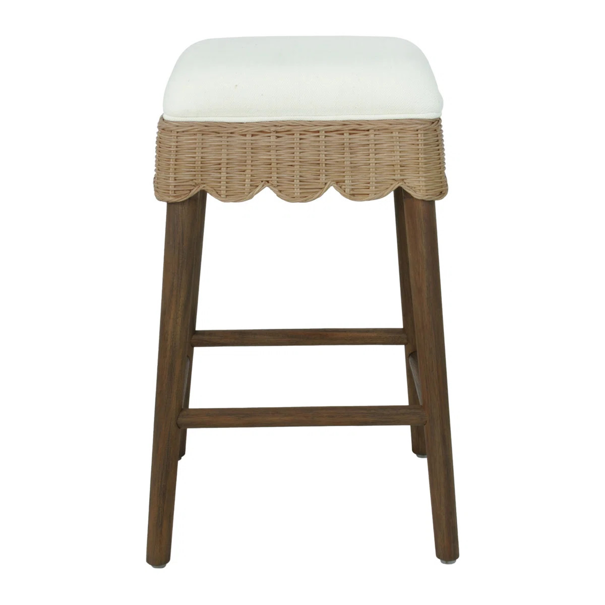 Celia Solid Wood Backless Counterstool With Scallop Woven Rattan Apron and Upholstered White Seat... | Wayfair North America