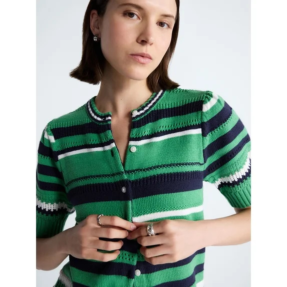Free Assembly Women's Textured Stripe Cardigan Sweater with Short Puff Sleeves, Lightweight, Size... | Walmart (US)