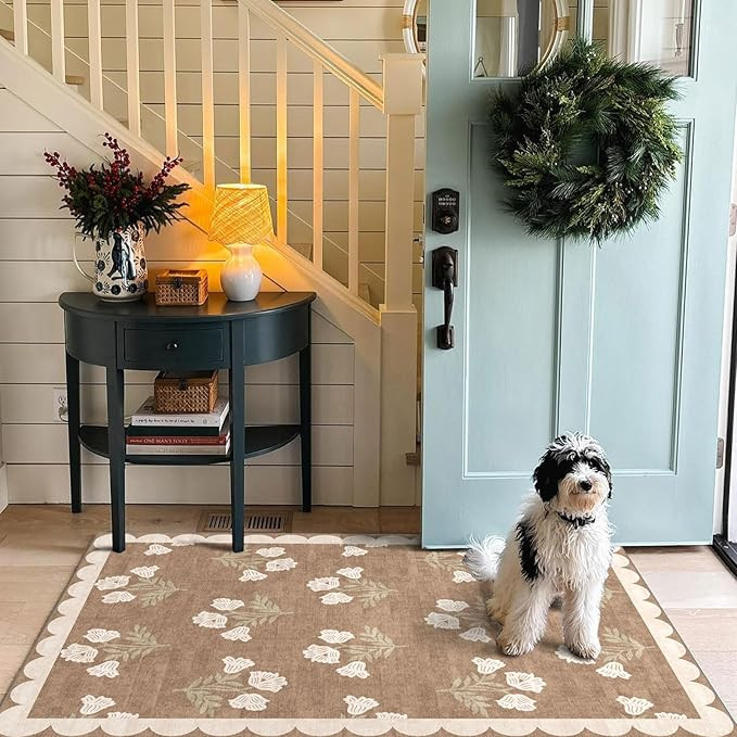 3x5 Floral Entry Rug - Small Washable Indoor Outdoor Mats for Front Door Non-Slip Porch Rug Tan B... | Amazon (US)
