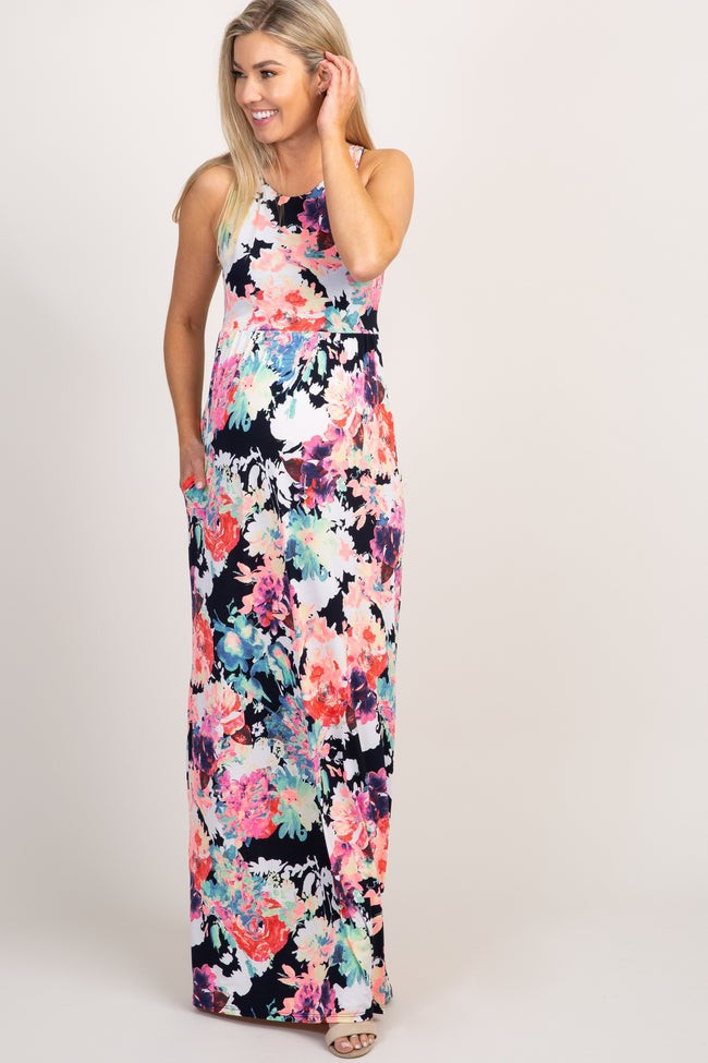 PinkBlush Navy Abstract Floral Sleeveless Maternity Maxi Dress | PinkBlush Maternity