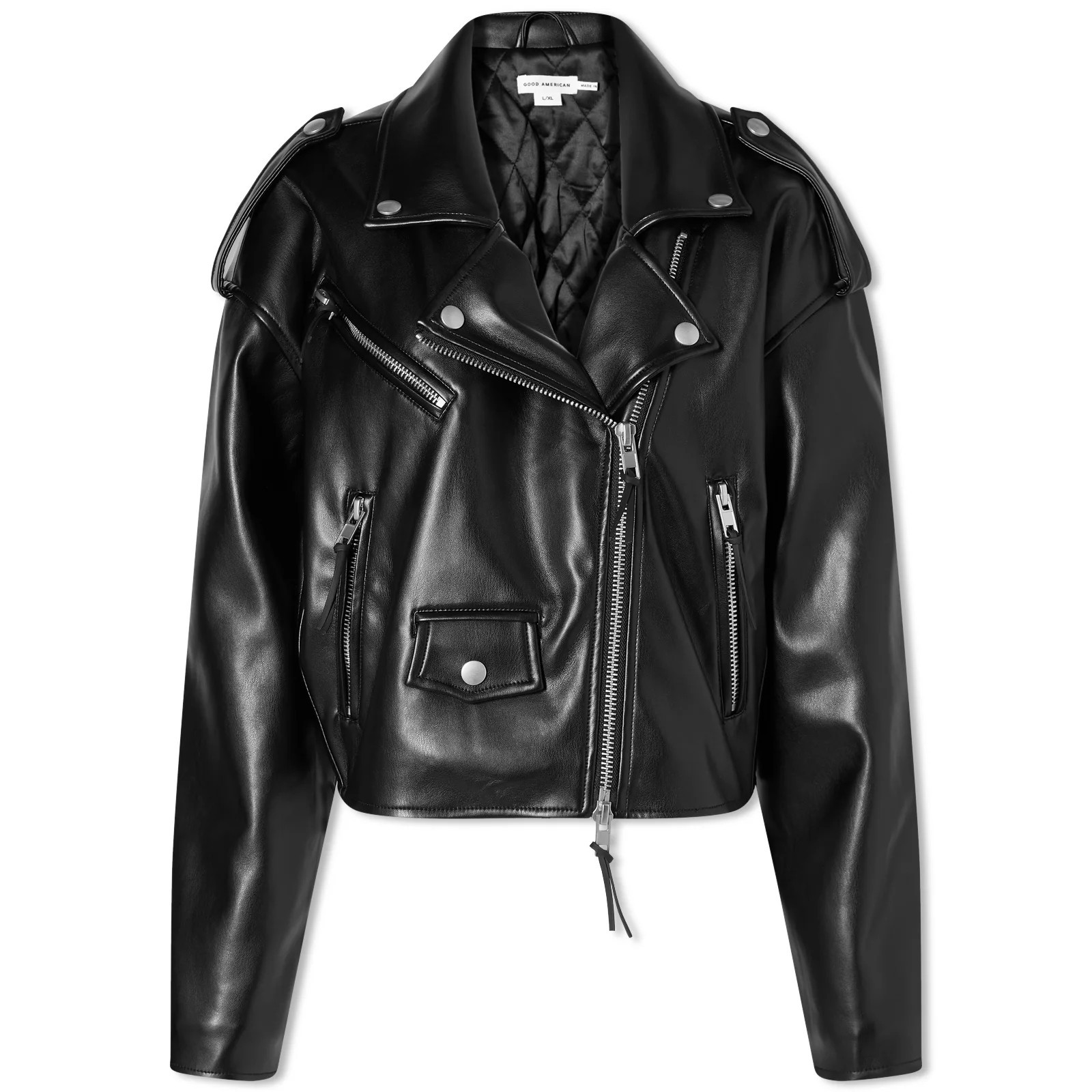 Good American Women's Crop Moto Jacket Leather Look Jacket in Black, Size X-Small | END. Clothing