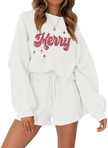 VILOVE Christmas Sweat Shorts Sets Women 2 Piece Merry Xmas Jolly Sequin Outfit Oversized Casual ... | Amazon (US)