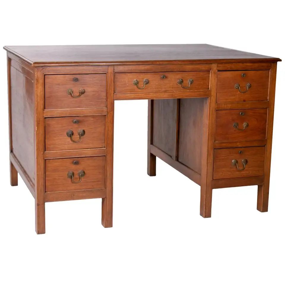 Seven Drawer Executive Desk with Brass Handles from Singapore | 1stDibs