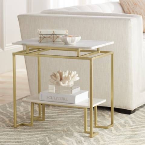 Vendar 24" Wide Marble and Gold 2-Level Modern Accent Table | LampsPlus.com